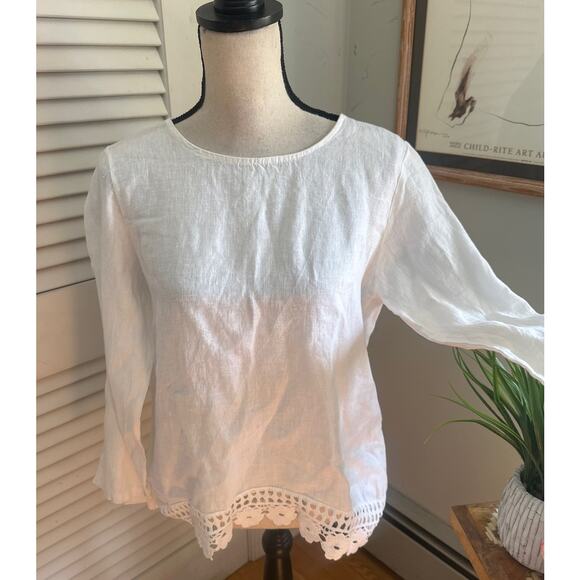 TERZO MILLENNIO Womens Top Medium White Linen Crochet Trim Summer Made in Italy - Picture 1 of 11
